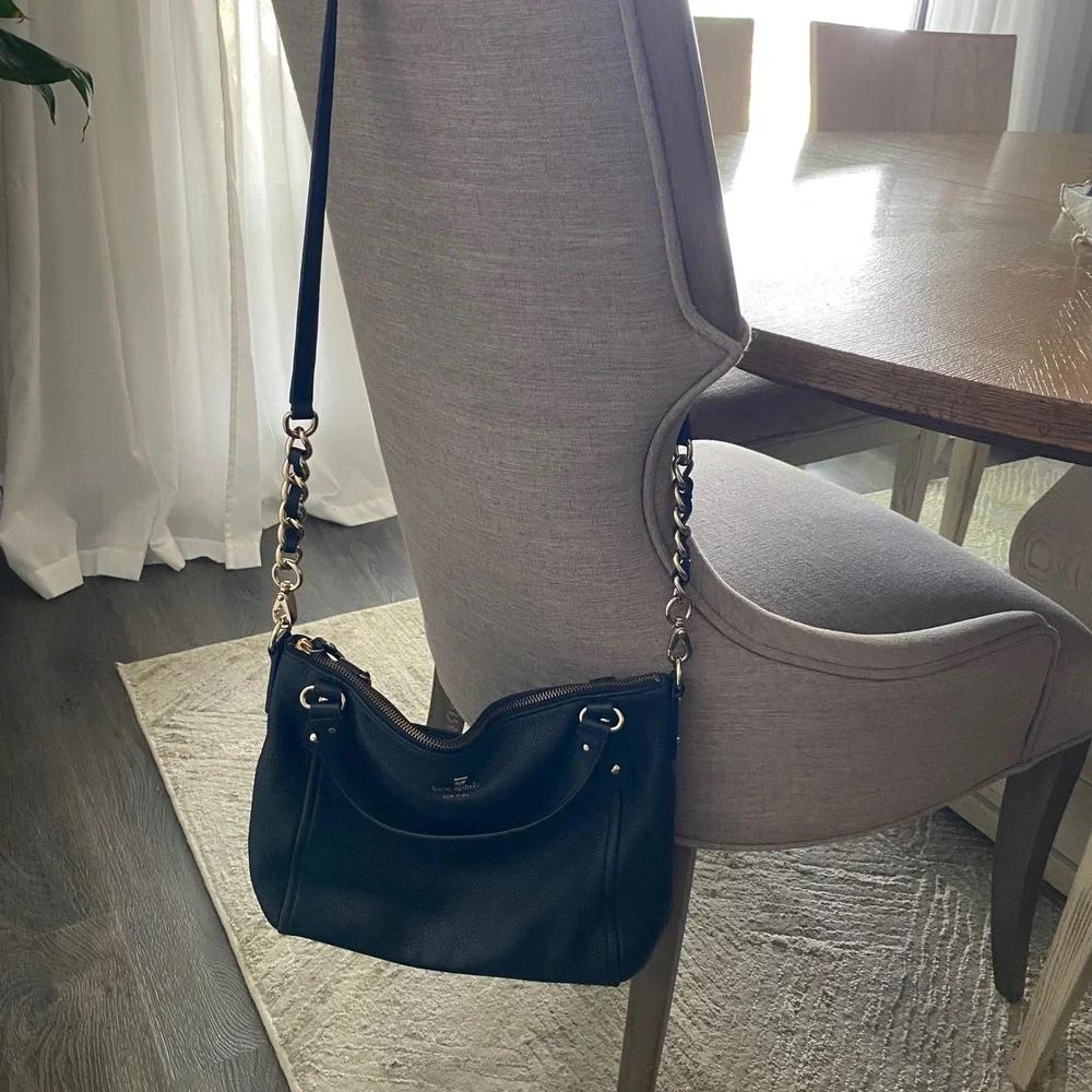 Kate Spade NY Black‎ Pebbled Leather Convertible Shoulder Handbag Gold Chain
